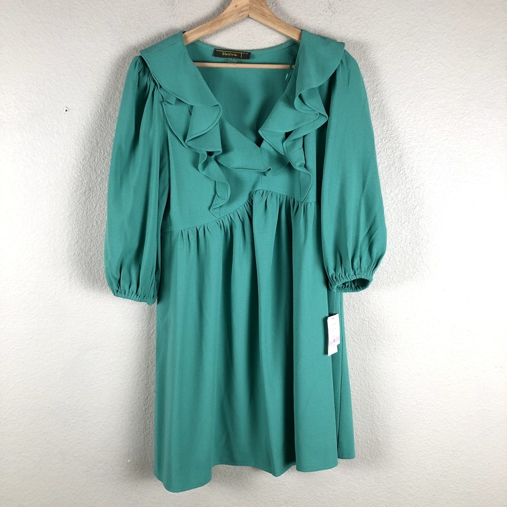 Melonie T Dress Womens 6 Green Ruffled V Neck Pleated Stretch Knee‎ Length New